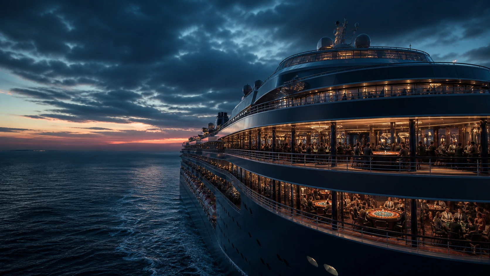 Fictional Grand Fortune Cruises liner crossing deep blue-green water at twilight